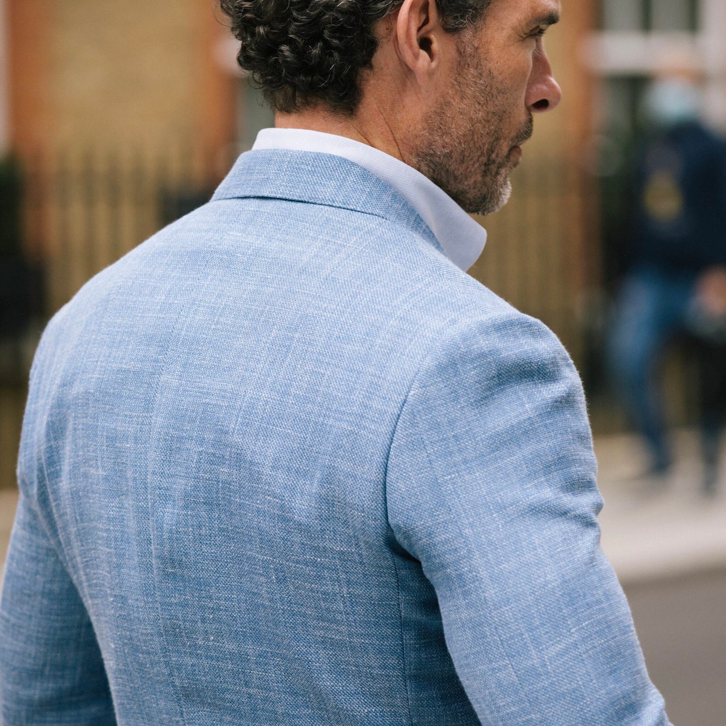 
                  
                    Notch Lapel Jacket in Light Blue Wool, Silk & Linen Hopsack
                  
                