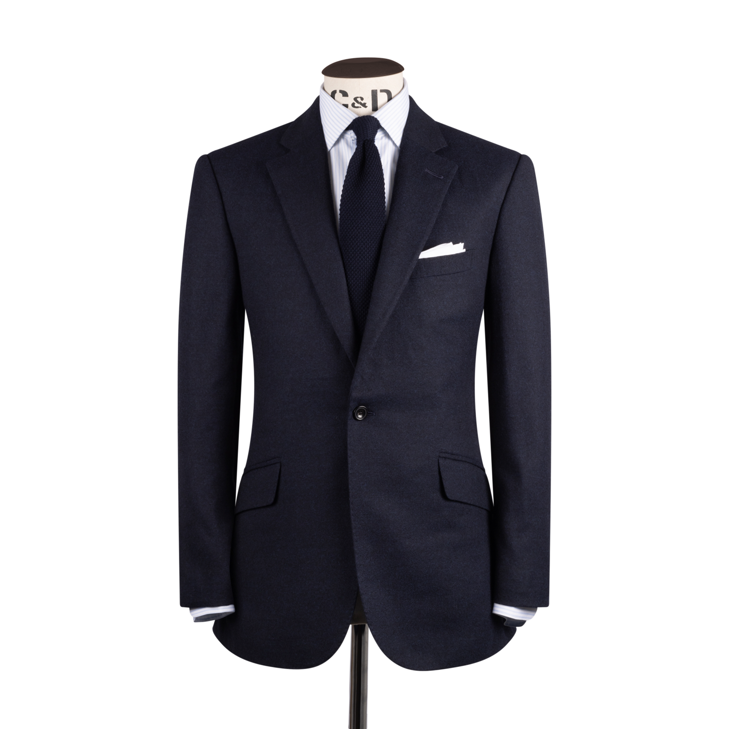 A deep navy flannel single-breasted suit with a notch lapel, shown on a model from the front.