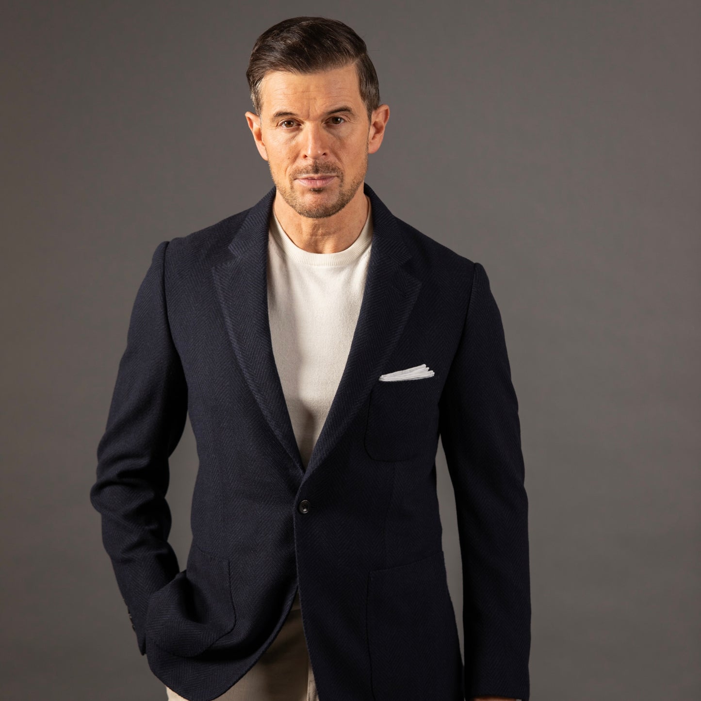 
                  
                    Single Breasted Cardigan Jacket in Navy Herringbone Jersey
                  
                