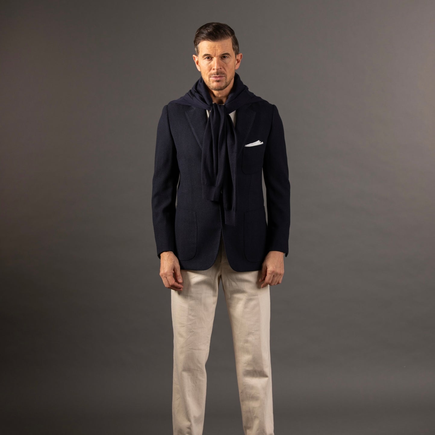
                  
                    Single Breasted Cardigan Jacket in Navy Herringbone Jersey
                  
                
