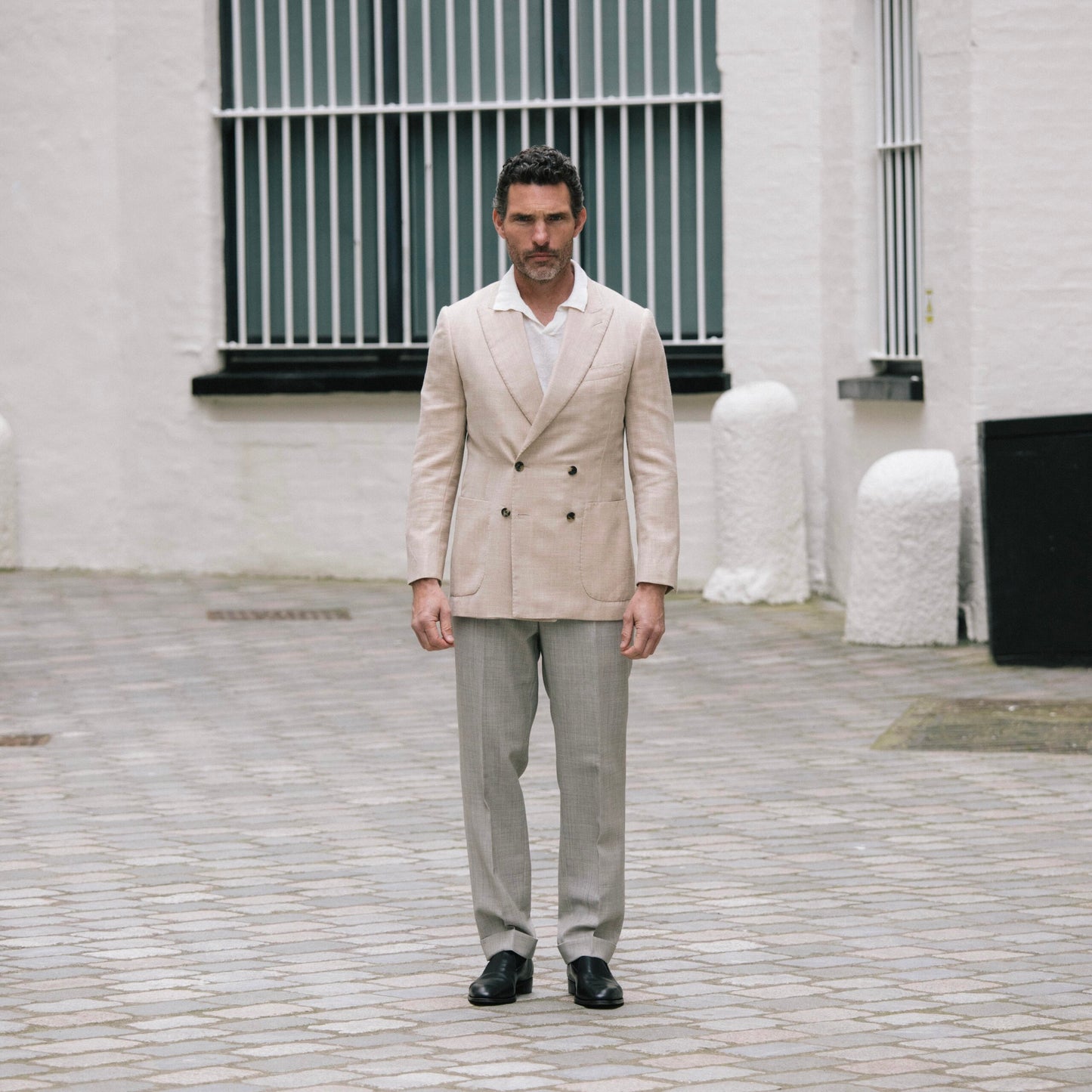 
                  
                    Peak Lapel Double Breasted Jacket in Cream Wool, Silk & Linen Herringbone
                  
                