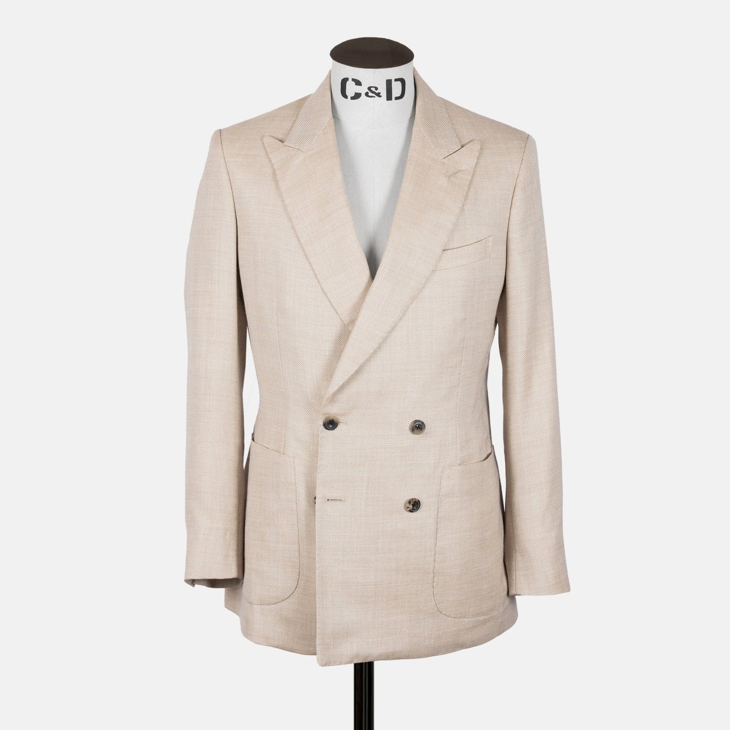 
                  
                    Peak Lapel Double Breasted Jacket in Cream Wool, Silk & Linen Herringbone
                  
                