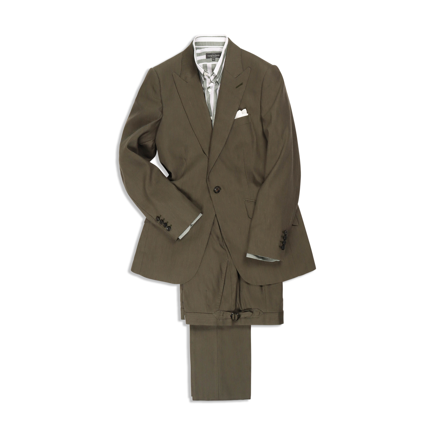 Single Breasted Peak Lapel Suit in Green Wool, Silk and Linen