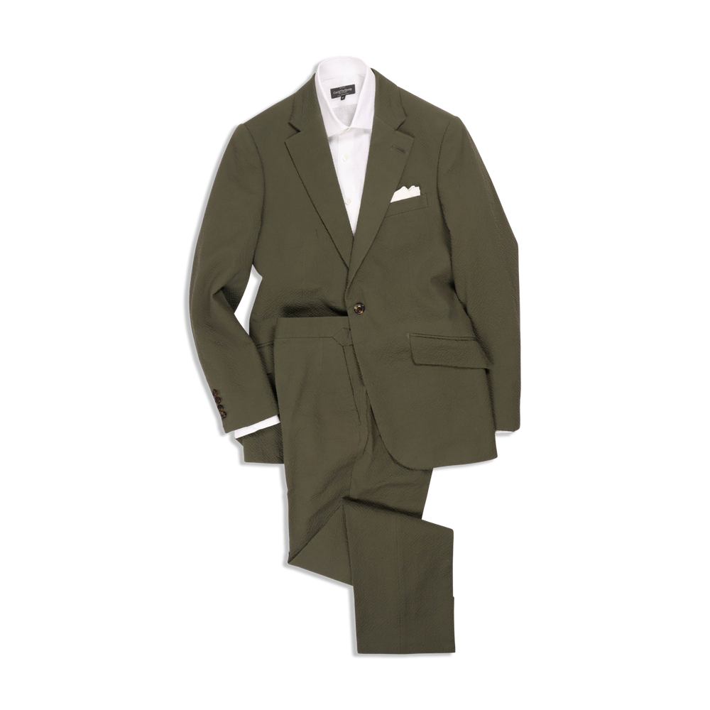 
                  
                    Single Breasted Notch Lapel Suit in Olive Seersucker
                  
                