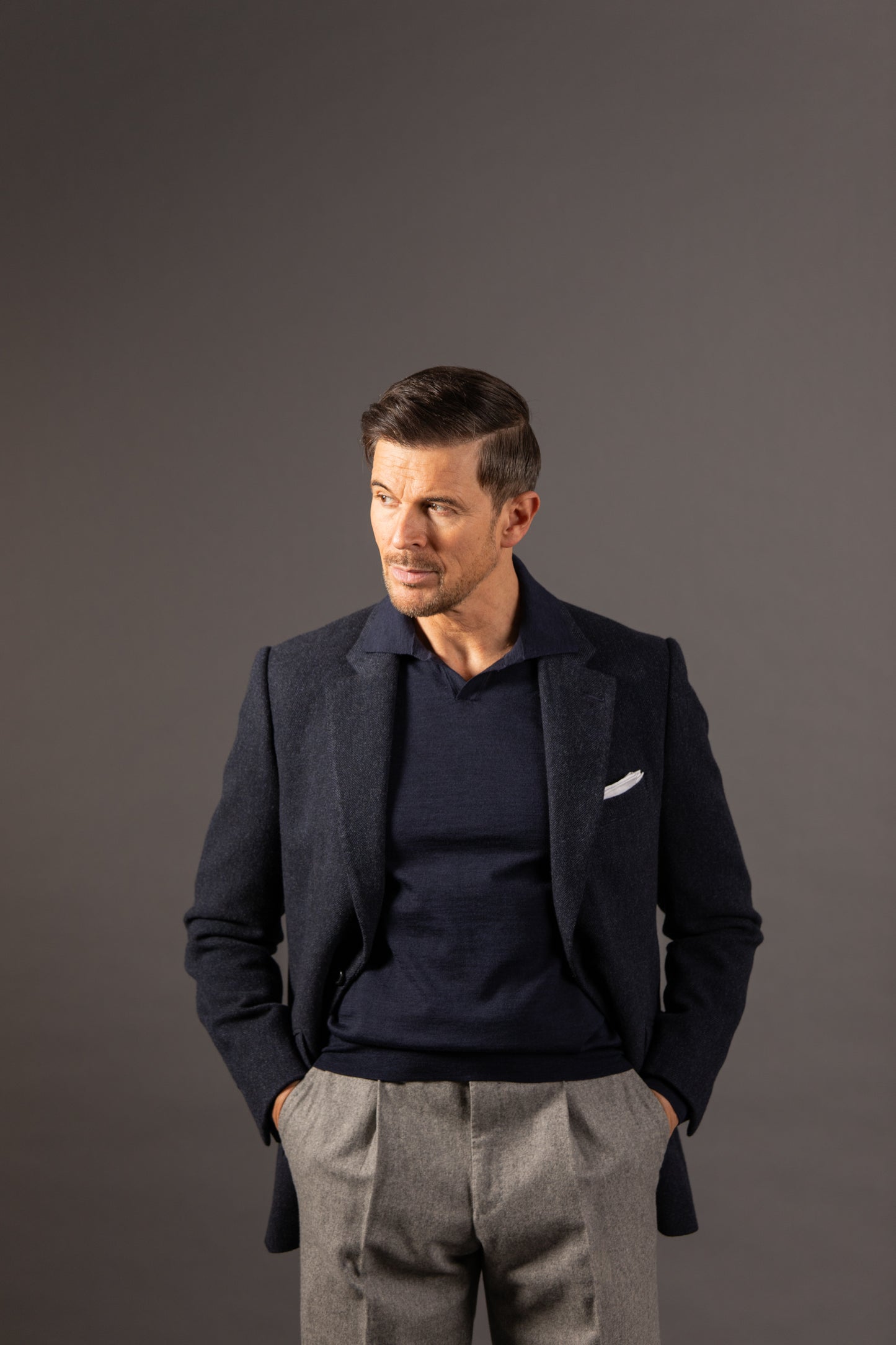 
                  
                    Open Collar Polo in Navy Merino Wool
                  
                