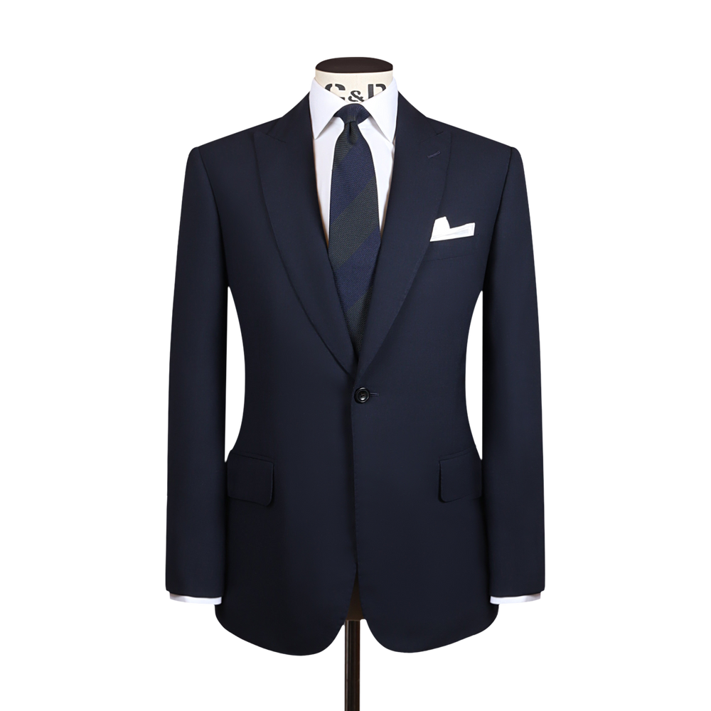 Single Breasted Peak Lapel Suit in Navy Travel Wool