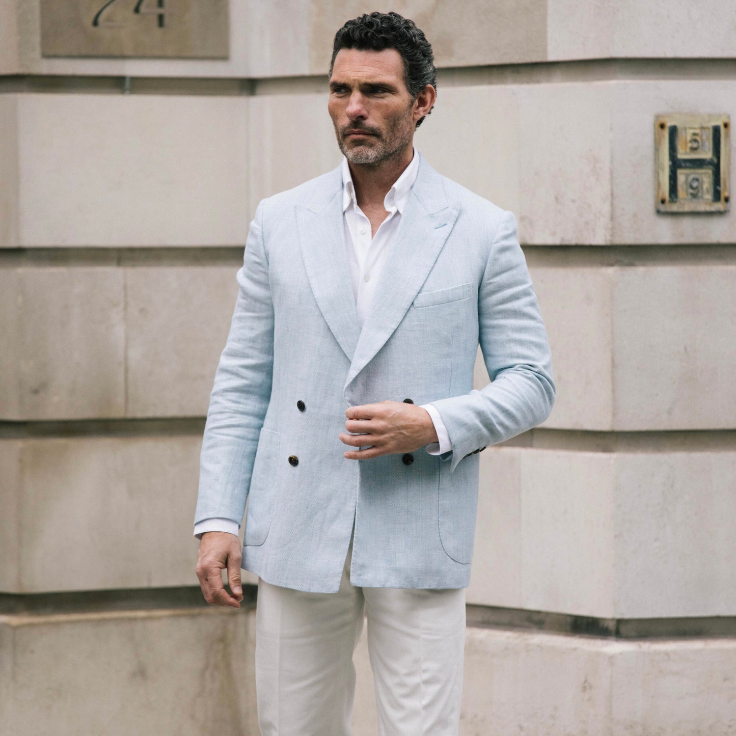 
                  
                    Peak Lapel Double Breasted Jacket in Sky Blue Wool, Silk & Linen Hopsack
                  
                