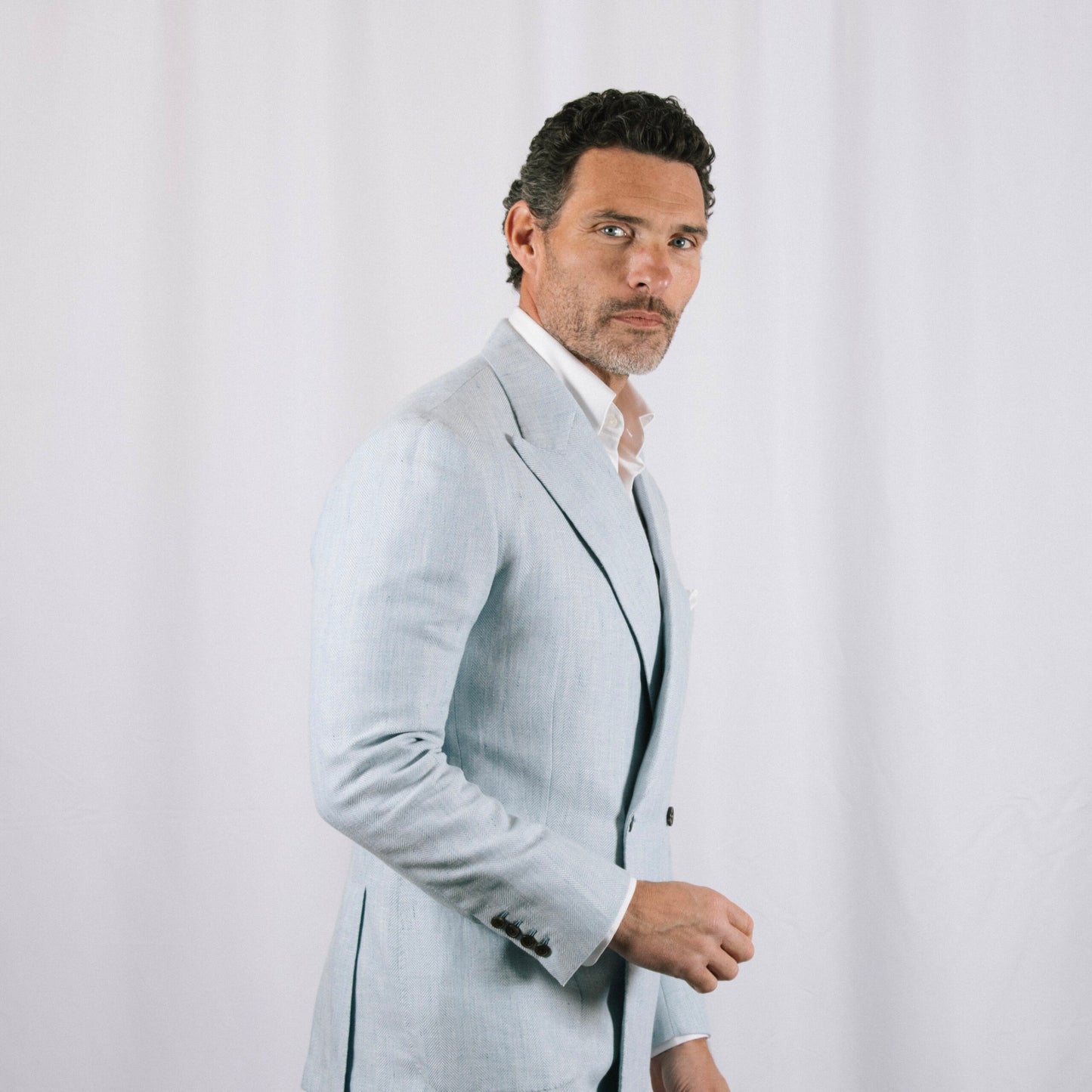 
                  
                    Peak Lapel Double Breasted Jacket in Sky Blue Wool, Silk & Linen Hopsack
                  
                