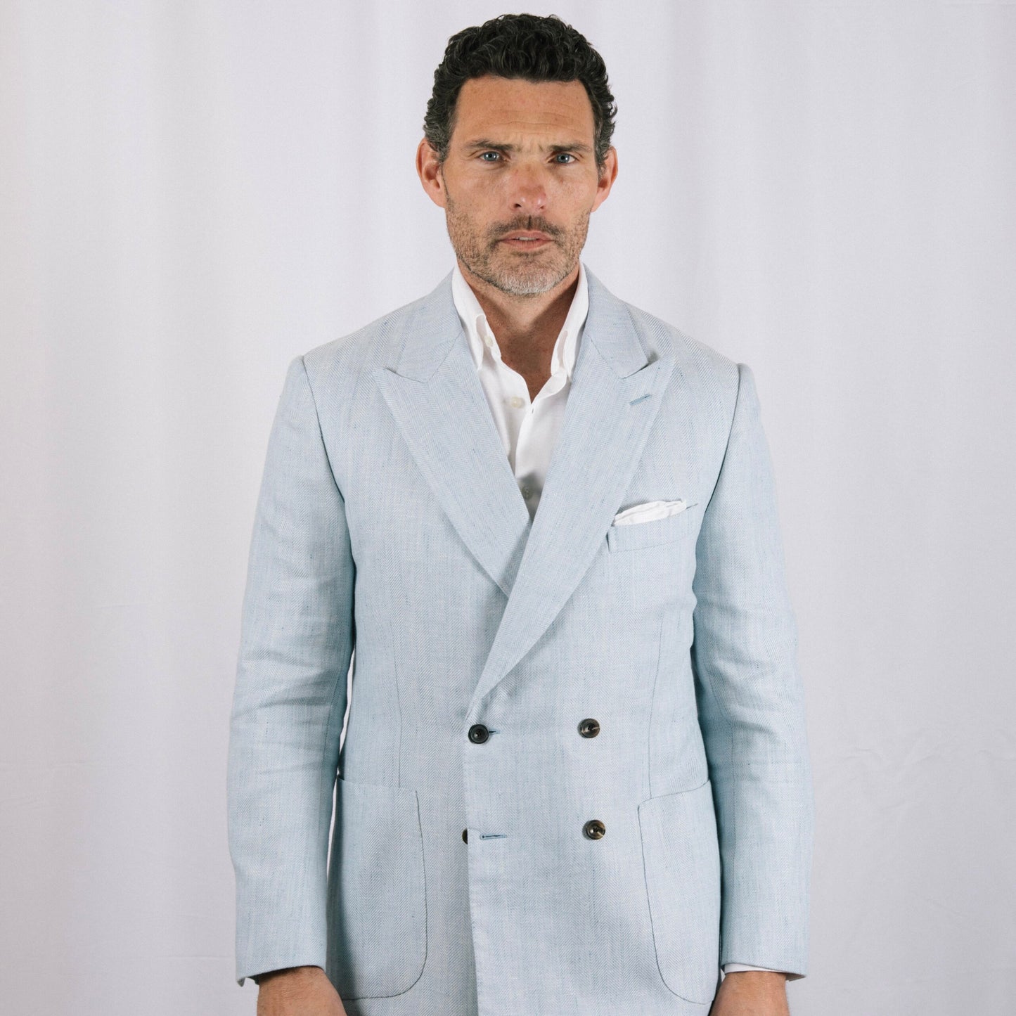 
                  
                    Peak Lapel Double Breasted Jacket in Sky Blue Wool, Silk & Linen Hopsack
                  
                