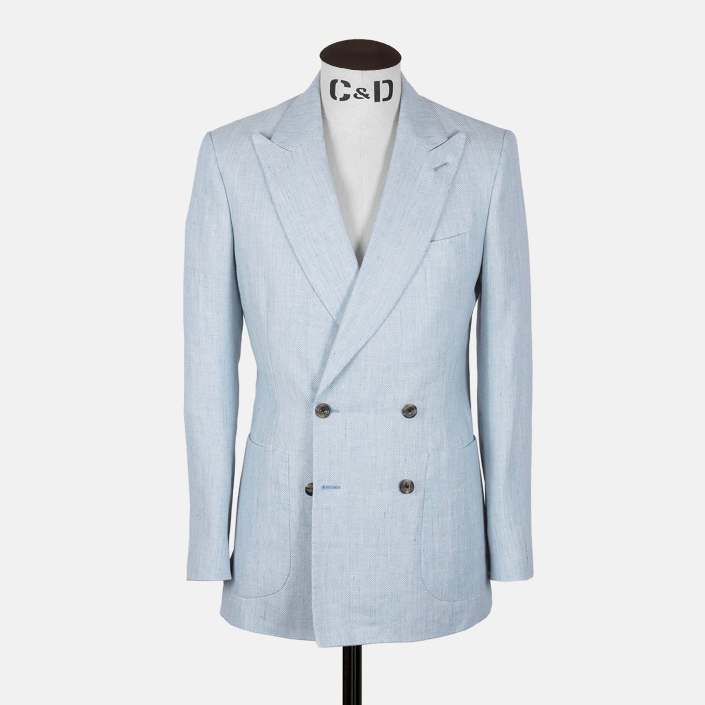 
                  
                    Peak Lapel Double Breasted Jacket in Sky Blue Wool, Silk & Linen Hopsack
                  
                