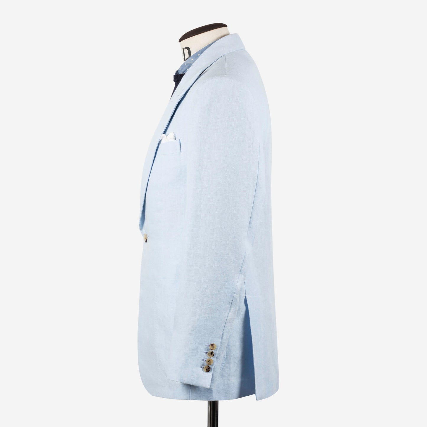 
                  
                    Peak Lapel Double Breasted Jacket in Sky Blue Wool, Silk & Linen Hopsack
                  
                