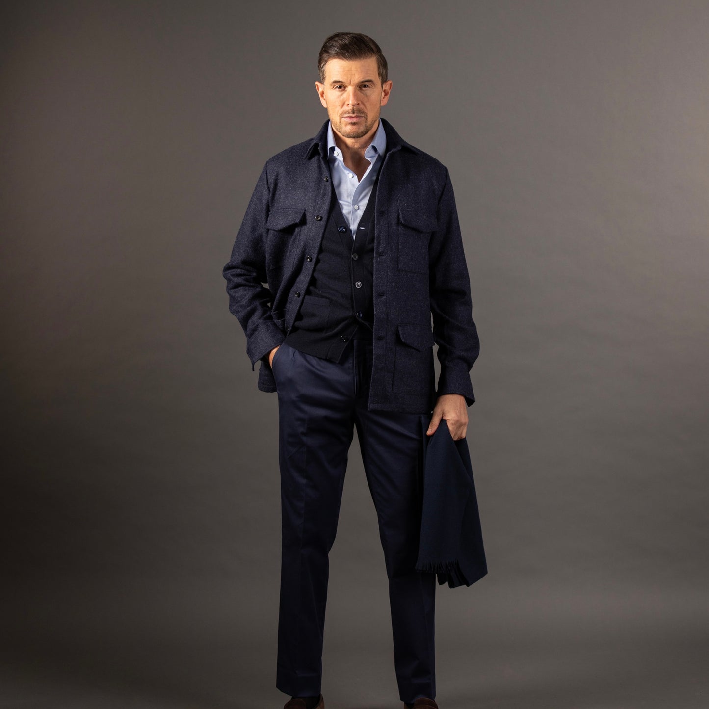 
                  
                    Flat Front Trouser in Navy Stretch Cotton Twill
                  
                