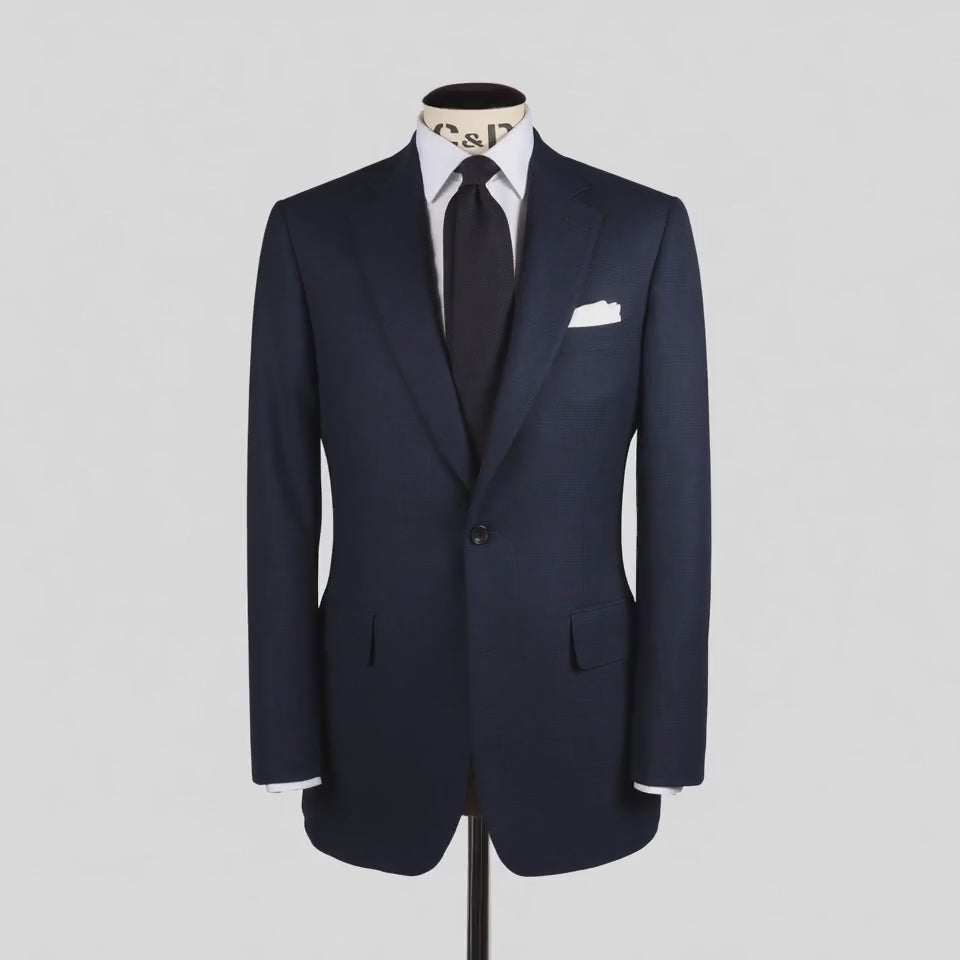 
                  
                    Load and play video in Gallery viewer, Single Breasted Notch Suit in Navy Glen Check Wool
                  
                