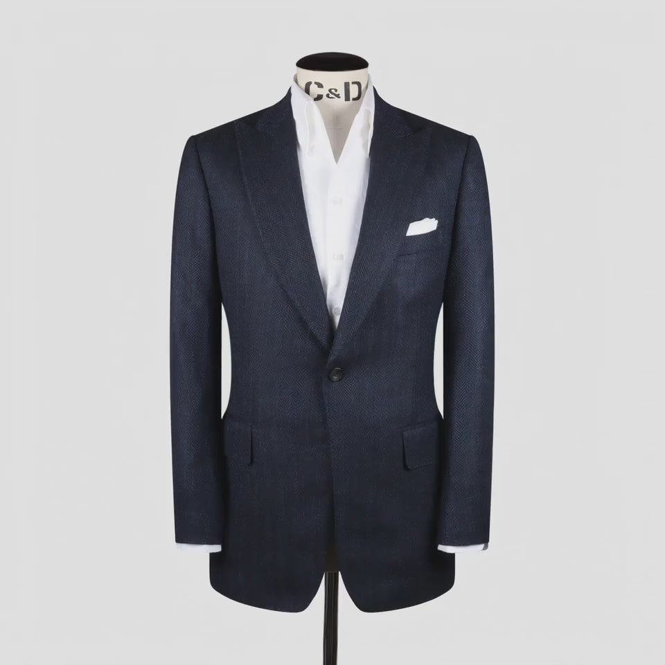 
                  
                    Load and play video in Gallery viewer, Single Breasted Peak Lapel Jacket in Navy Silk Herringbone
                  
                
