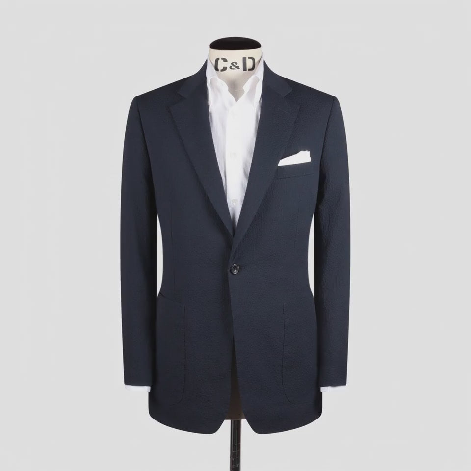 
                  
                    Load and play video in Gallery viewer, Single Breasted Notch Lapel Suit in Navy Seersucker
                  
                